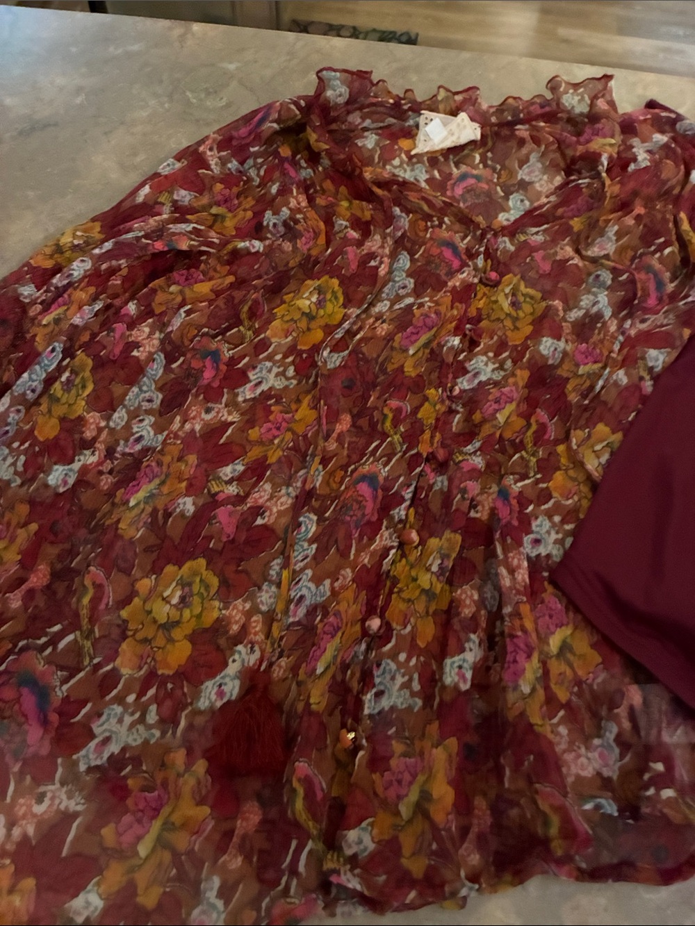 Johnny Was Burgundy Floral Sheer Ruffle Tie Blouse with Tassels